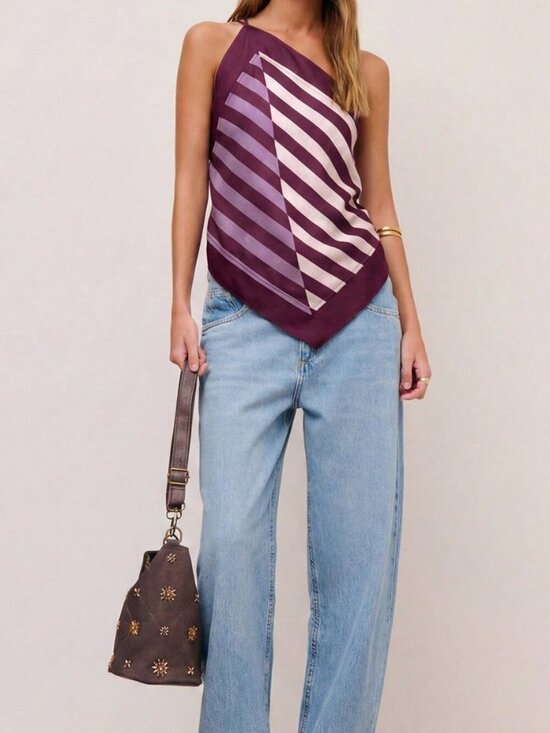 Tops - Purple Casual Women's Striped Halter Top with Adjustable Straps and Bow Back Tie